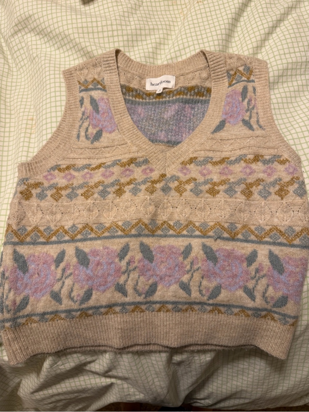 Heartloom Beige Sleeveless V-Neck Sweater Vest with Pastel Floral Pattern